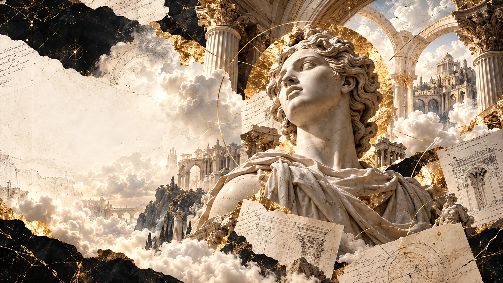 Classical architecture and marble figure